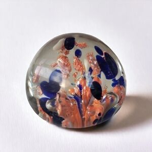 Vintage Art Glass Paperweight Navy Blue Coral Abstract Design Bubbles